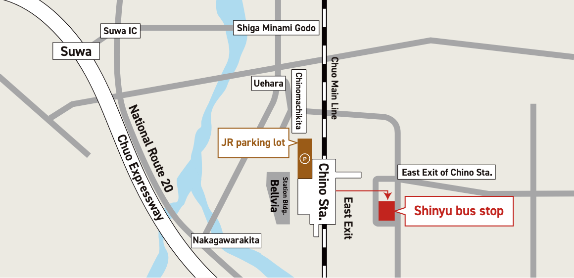 Map_Walking route to the Shinyu bus stop. The Shinyu bus stop is the roundabout on the south side of the east exit of Meino Station, just outside the east exit of Meino Station, at the intersection of the east exit of Meino Station.