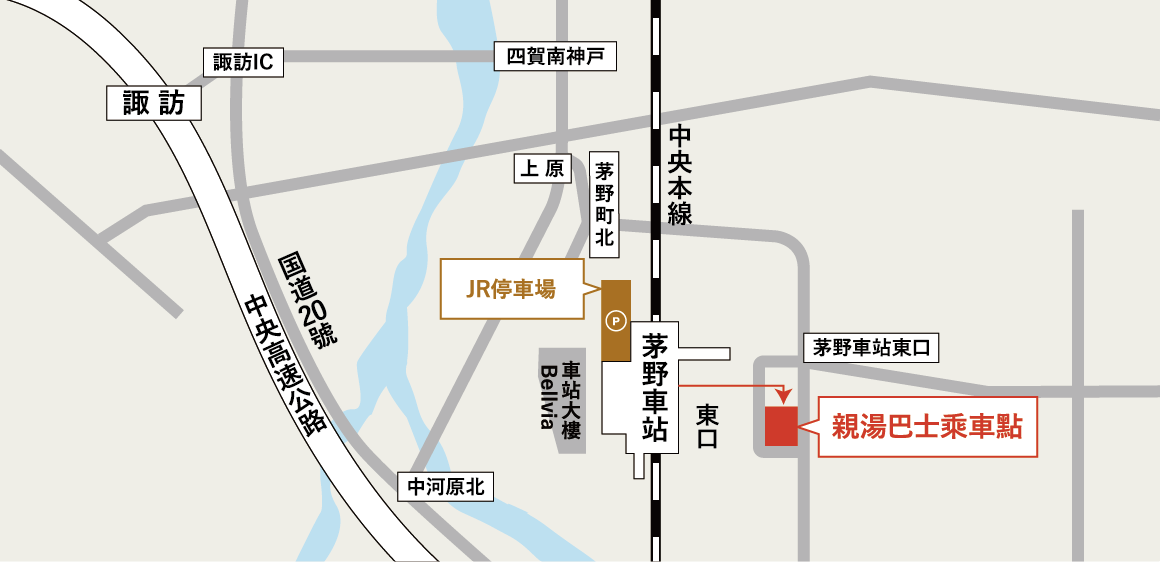 地図_親湯バス乗り場までの徒歩経路。芽野駅東口を出てすぐ、芽野駅東口交差点の南側にあるロータリーが親湯バス乗り場です