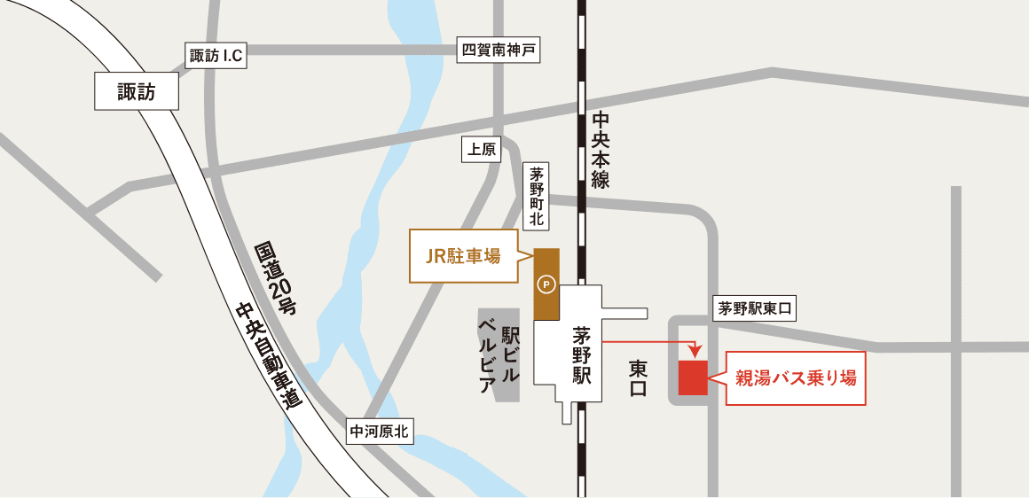 地図_親湯バス乗り場までの徒歩経路。芽野駅東口を出てすぐ、芽野駅東口交差点の南側にあるロータリーが親湯バス乗り場です