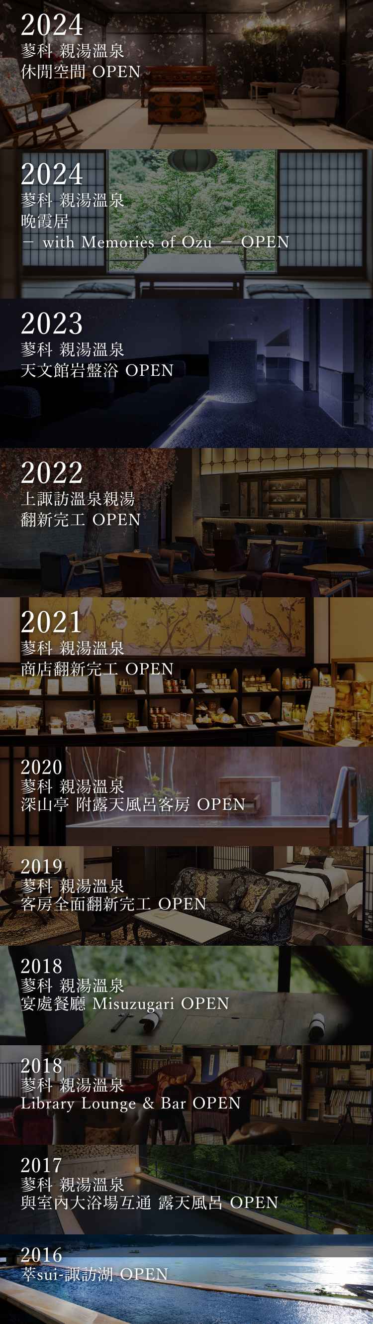 バナー_2020年までの道のり_2016年翠 諏訪湖 OPEN 2017年蓼科 親湯温泉渓流沿い 露天風呂 OPEN 2018年Library Lounge & Bar OPEN 2018年宴どころ みすゞかり OPEN 2019年Coming Soon 2020年Coming Soon