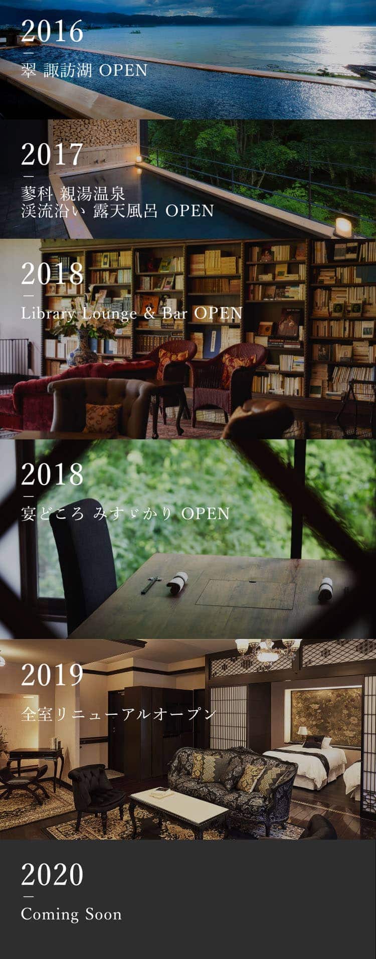バナー_2020年までの道のり_2016年翠 諏訪湖 OPEN 2017年蓼科 親湯温泉渓流沿い 露天風呂 OPEN 2018年Library Lounge & Bar OPEN 2018年宴どころ みすゞかり OPEN 2019年Coming Soon 2020年Coming Soon